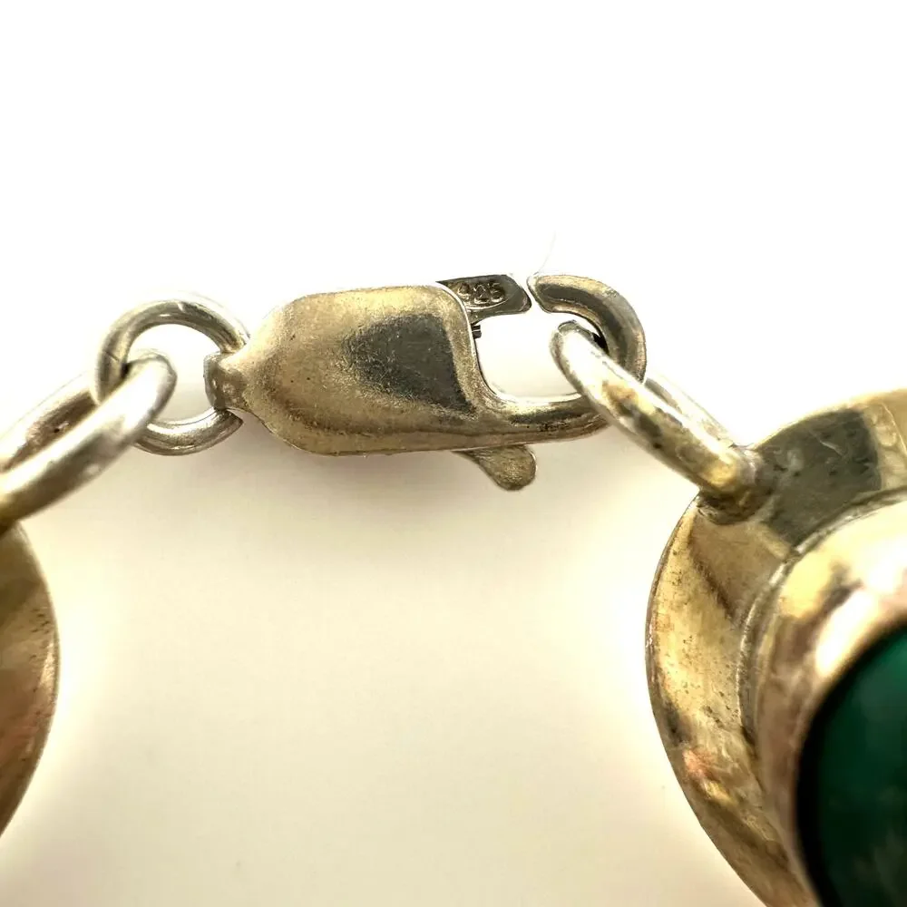 Vintage 925 sterling silver 6 genuine green malachite cabochons bracelet 8
